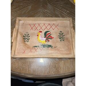 VTG Wooden Tray with Hand painted Colorful Rooster Design 8"x11"